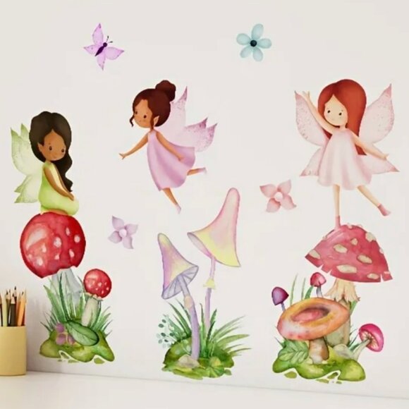 Children's Removable Wall Decals Woodland Fairies Toadstools Magical Colorful - Picture 3 of 4